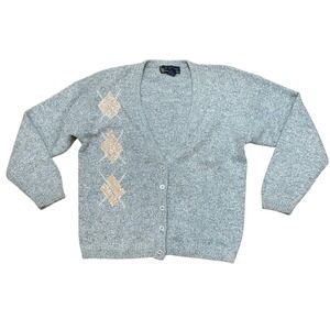 K.D. Cray Silk Angora Blend Cardigan Sweater Womens M Light Gray Sequined Argyle